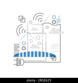 Risorse di energia eolica. Energia elettrica dei mulini a vento, illustrazione dei vettori di energia rinnovabile Illustrazione Vettoriale