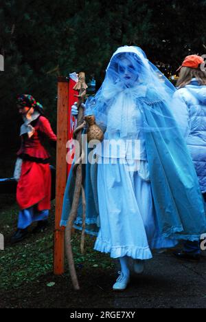 Una giovane donna è vestita come uno spirito con un costume fantasma durante un festival di Halloween a Sleepy Hollow New York Foto Stock