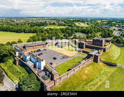 Castello di Carlisle da un drone, Carlisle, Cumbria, Inghilterra Foto Stock