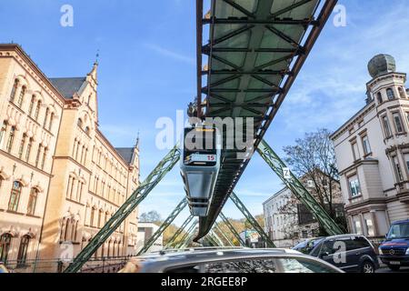 Immagine di un treno su Wuppertal schwebahn. Il Wuppertaler Schwebahn è una ferrovia sospesa a Wuppertal, in Germania. Il suo nome originale era Einschie Foto Stock