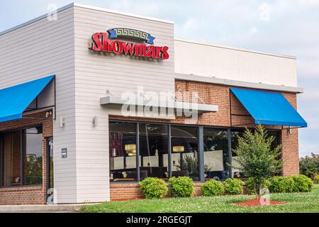 Gastonia North Carolina, cucina greca Showmars, esterno esterno, ingresso anteriore dell'edificio, indicazioni stradali Foto Stock