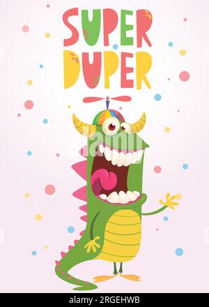 Simpatico poster dei personaggi dei cartoni animati o invito con il titolo Super-Duper. Illustrazione di una creatura aliena felice. Vettore isolato Illustrazione Vettoriale