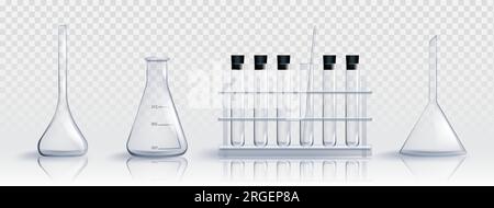 Set realistico di vetreria da laboratorio isolato su sfondo trasparente. Illustrazione vettoriale di becher da laboratorio, matraccio, provetta, contenitore graduato con pipetta per esperimenti scientifici, sostanza chimica Illustrazione Vettoriale