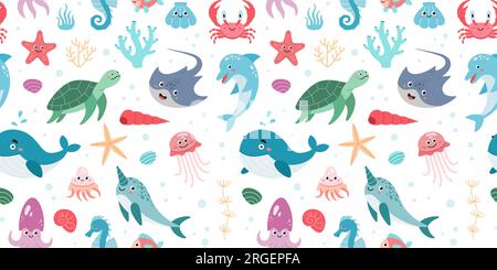 Creature oceaniche disegnate a mano modello senza cuciture. Cartoon Sea Animals. Animali marini vettoriali in stile doodle per il design. Illustrazione vettoriale isolata su sfondo bianco. Schema di vita marina. Illustrazione Vettoriale