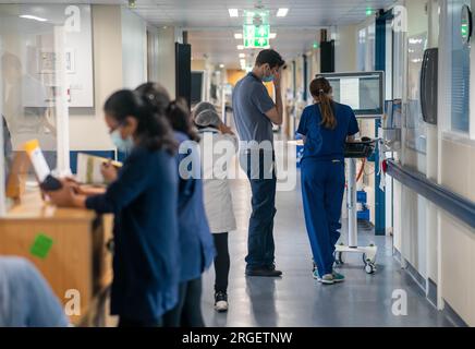 Foto del fascicolo datata 18/01/23 di una visione generale del personale di un reparto ospedaliero del NHS. Gli edifici in tutta la NHS "stanno andando molto male e peggiorando”, con il governo che viene avvertito che i pazienti "meritano di meglio". Viene dopo che un'indagine dei liberaldemocratici ha trovato prove di perdite chimiche nelle aree dei pazienti in un certo numero di ospedali in Inghilterra, così come allarmi antincendio rotti in alcune strutture. Saffron Cordery, vice amministratore delegato dei fornitori di servizi sanitari, ha dichiarato: "La sicurezza dei pazienti e del personale è fondamentale. Un'assistenza di alta qualità dipende dalla disponibilità di edifici e attrezzature affidabili". Data di pubblicazione: Wednes Foto Stock