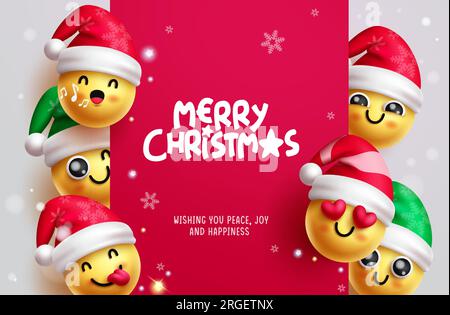 Buon natale, design del modello vettoriale di testo. Emoji natalizie, emoticon e personaggi di colore giallo per il biglietto d'auguri natalizio. Vettore Illustrazione Vettoriale
