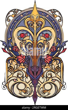 Elemento di design floreale in stile Art Nouveau, foglie e vortici, rose e Iris, tema giardino Illustrazione Vettoriale