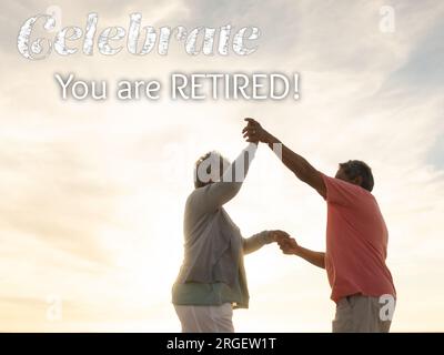 Composito del testo Celebrate You Are Return su cople birazziale Happy senior Foto Stock