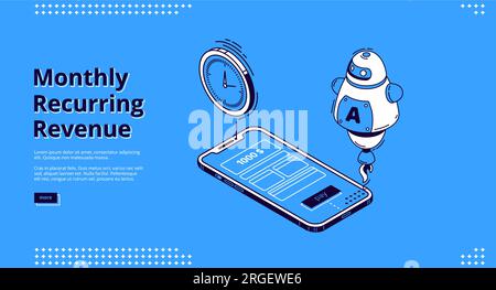 Banner mensile sulle entrate ricorrenti. Reddito e pagamenti fissi, concetto MRR. Pagina di destinazione vettoriale di reddito ricorrente con icone isometriche dello schermo dello smartphone, intelligenza artificiale e promemoria temporale Illustrazione Vettoriale