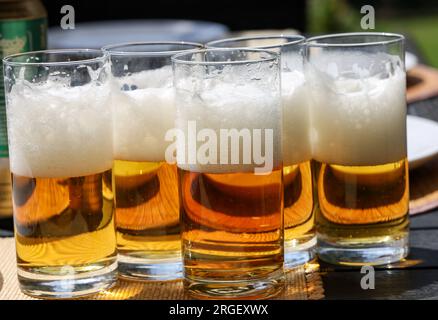 Bicchieri di birra fredda e gustosa Foto Stock