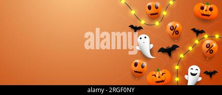 banner di halloween con zucca, fantasma, pipistrello e palloncini su sfondo arancione Illustrazione Vettoriale