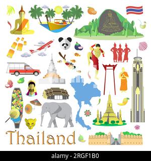 Set isolato di icone e simboli di viaggio per la Thailandia Illustrazione Vettoriale