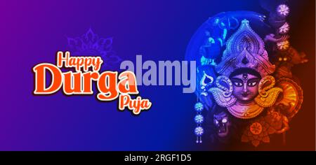 Illustrazione del volto della Dea Durga in Happy Durga Puja Subh Navratri sfondo del festival religioso indiano Illustrazione Vettoriale