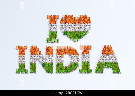 Illustrazione di un gruppo di persone che formano uno striscione tricolore con bandiera indiana per il 15 agosto Happy Independence Day of India Illustrazione Vettoriale