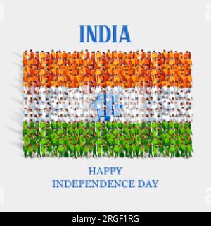 Illustrazione di un gruppo di persone che formano uno striscione tricolore con bandiera indiana per il 15 agosto Happy Independence Day of India Illustrazione Vettoriale