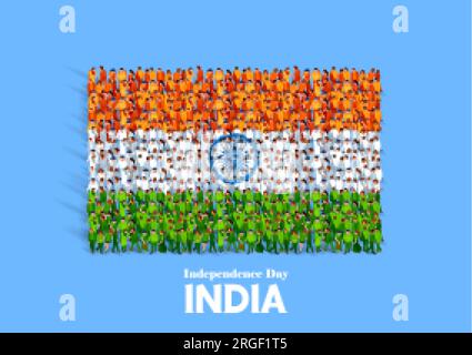 Illustrazione di un gruppo di persone che formano uno striscione tricolore con bandiera indiana per il 15 agosto Happy Independence Day of India Illustrazione Vettoriale