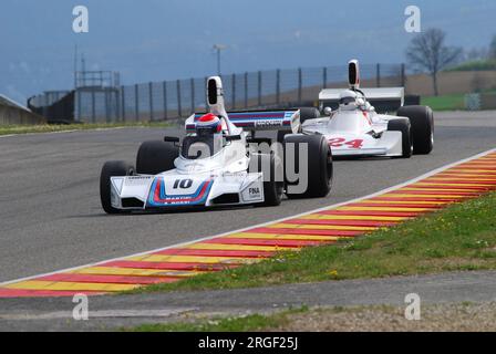 Circuito del Mugello 1 aprile 2007: Corsa sconosciuta su Classic F1 Car 1975 Brabham BT44B ex Carlos Reutemann Ford Cosworth sul circuito del Mugello in Italia durante Mu Foto Stock