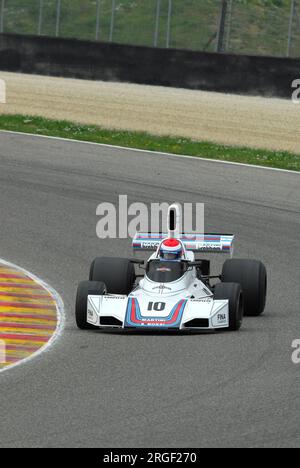 Circuito del Mugello 1 aprile 2007: Corsa sconosciuta su Classic F1 Car 1975 Brabham BT44B ex Carlos Reutemann Ford Cosworth sul circuito del Mugello in Italia durante Mu Foto Stock