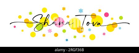 Shana Tova elegante calligrafia con stelle colorate e bolle. Felice e dolce anno nuovo. Illustrazione vettoriale Illustrazione Vettoriale