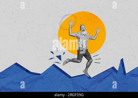 Illustrazione annuncio agenzia di viaggi collage di anziano uomo anziano salta spensieratamente nuoto oceano sole rivista immagine isolata su sfondo grigio Foto Stock