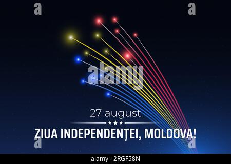 Banner 27 agosto giorno dell'indipendenza della moldavia, modello fuochi d'artificio moldavi su sfondo cielo scuro. Fuochi d'artificio, bandiera. Festa nazionale moldava. Vettore Illustrazione Vettoriale