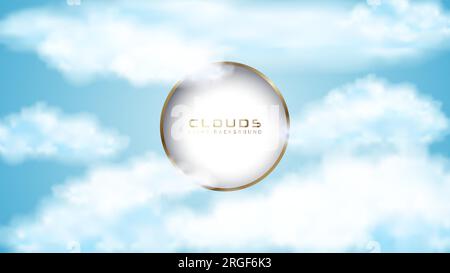 Nuvole bianche sfondo vettoriale cielo blu con cornice rotonda dorata e centro di taglio bianco. Visualizzazione minima di scene nuvole, prodotti o logo con forma geometrica Illustrazione Vettoriale