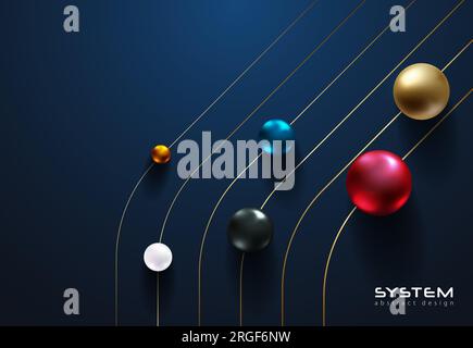 Le sfere di colore metallizzato brillanti rotolano una sottile linea dorata su sfondo blu scuro. Scienza o istruzione, design astratto futuristico. Brillante Illustrazione Vettoriale