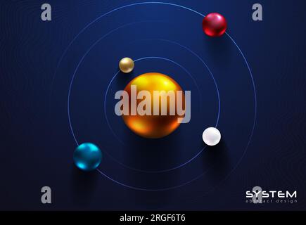 Sfere metalliche lucenti orbitano intorno alla sfera centrale su sfondo blu scuro. Scienza o istruzione, design astratto futuristico. Tecnologia cerchio sistema solare Illustrazione Vettoriale