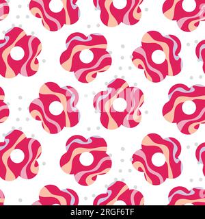 Ripetizione senza cuciture con grafica retrospettiva grassetto sovradimensionata. Trippy Simplistic Oversize disegnato a mano margherita rosse, Abstract Blooms Marbled Stylized Illustrazione Vettoriale