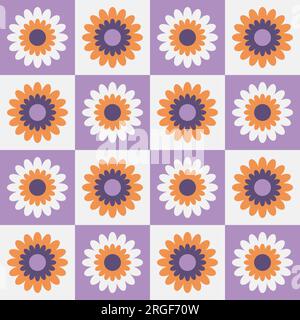 Stile granny con sfondo quadrato e floreale retrò. Fiori patchwork a quadri a maglia Crocket senza cuciture. Illustrazione Vettoriale