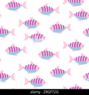 Cartoni animati motivo vettoriale di pesci rosa e blu senza cuciture su sfondo bianco. Illustrazione Vettoriale