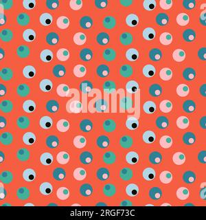 Puntini senza cuciture con motivo a punti. Olive estive disgustose su tutta la stampa. Sfondo geometrico astratto con punti multicolori. Colori retrò rosso e verde Illustrazione Vettoriale
