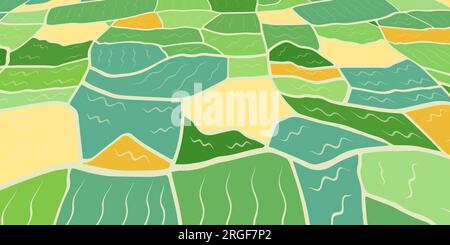 Vista dall'alto sul campo agricolo con raccolta in piano. Schema astratto di terreni agricoli con erba, orzo, grano, segale, mais e soia. AG Illustrazione Vettoriale