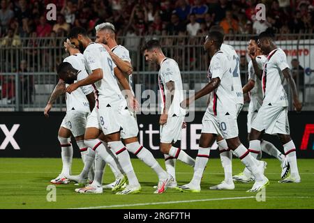 Monza, Italia - 8 agosto 2023, Team del Milan durante il Trofeo Silvio Berlusconi, Trofeo Silvio Berlusconi, partita di calcio tra AC Monza e AC Milan l'8 agosto 2023 allo Stadio U-Power di Monza, Italia - foto Morgese Foto Stock