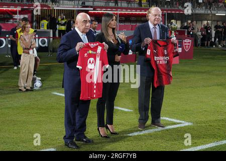 Monza, Italia - 8 agosto 2023, Adriano Galliani e Paolo Scaroni, durante il Trofeo Silvio Berlusconi, Trofeo Silvio Berlusconi, partita di calcio tra AC Monza e AC Milan l'8 agosto 2023 allo Stadio U-Power di Monza, Italia - foto Morgese Foto Stock