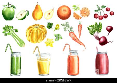Un set di frutta, verdura, frullati e succhi di frutta appena spremuti. Mela, pera, arancia, ciliegia, sedano, zucca, carota, barbabietola. Acquerello illustrati Foto Stock