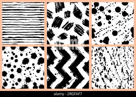 Set di pattern di sovrapposizione vettore di acquerello astratto. Zigzag, strisce, blot, macchie stampa tessile in bianco e nero. Texture grunge a inchiostro artistico Illustrazione Vettoriale