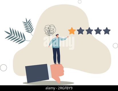 Feedback negativo, recensione negativa o feedback a una stella dei clienti, esperienza utente terribile o di scarsa qualità, basso risultato di valutazione o concetto di delusione.fla Illustrazione Vettoriale