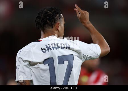 Monza, Italia. 8 agosto 2023. Noah Okafor dell'AC Milan gestures durante la partita del trofeo Silvio Berlusconi tra AC Monza e AC Milan all'UPower Stadium l'8 agosto 2023 a Monza, Italia crediti: Marco Canoniero/Alamy Live News Foto Stock