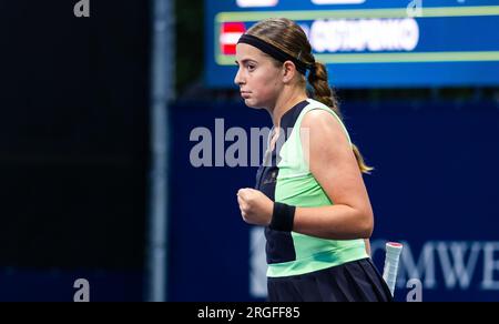 Montreal, Canada. 7 agosto 2023. Jelena Ostapenko della Lettonia durante il primo turno del 2023 Omnium Banque Nationale, WTA 1000 torneo di tennis il 7 agosto 2023 a Montreal, Canada. Credito: Agenzia fotografica indipendente/Alamy Live News Foto Stock