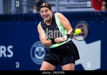 Montreal, Canada. 7 agosto 2023. Jelena Ostapenko della Lettonia durante il primo turno del 2023 Omnium Banque Nationale, WTA 1000 torneo di tennis il 7 agosto 2023 a Montreal, Canada. Credito: Agenzia fotografica indipendente/Alamy Live News Foto Stock