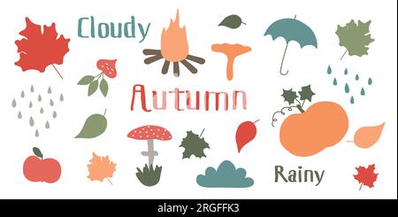 Serie di illustrazioni vettoriali autunnali. Clipart stagionale con foglie, funghi, ombrello, zucca, marshmallow, falò, lettere. Collezione Flat Style Illustrazione Vettoriale