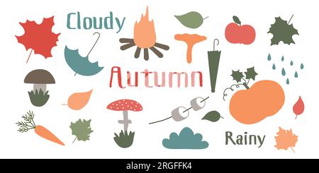 Serie di illustrazioni vettoriali autunnali. Calda collezione di cartoni pastello di elementi desing. Clima stagionale con foglie autunnali, funghi, ombrello. Illustrazione Vettoriale