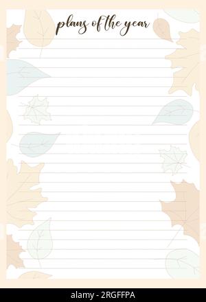 Modello di pagina pialla. Sfondo vettoriale autunnale per notebook, Schedule, Journal. Pagine alla moda con motivi floreali e foglie cadute. Foglio vuoto per il piano Illustrazione Vettoriale