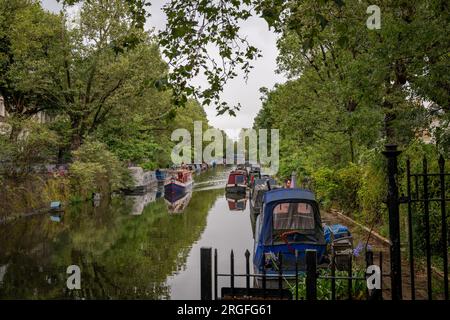 Londra, Regno Unito: Case galleggianti a Blomberg Road Moorings sul Regent's Canal a Londra, parte dell'area conosciuta come Little Venice. Foto Stock