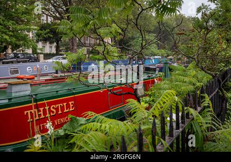 Londra, Regno Unito: Case galleggianti a Blomberg Road Moorings sul Regent's Canal a Londra, parte dell'area conosciuta come Little Venice. Foto Stock