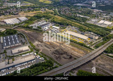 Vista aerea, area industriale zona di costruzione Unione tra Heinrich-August-Schulte-Straße e Westfaliastraße al porto, porto, Dortmund, Ruhr Foto Stock