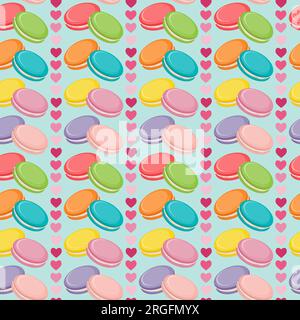 Motivo vettoriale senza cuciture con coloratissimi biscotti macaroon, biscotti francesi e cuori Illustrazione Vettoriale