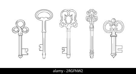 Imposta bellissime chiavi vintage. Illustrazione vettoriale isolata su sfondo bianco Illustrazione Vettoriale