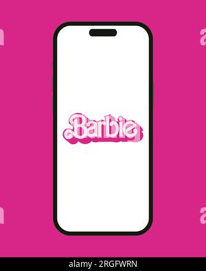 Logo Barbie sullo schermo dell'iPhone 14 o 15 dello smartphone isolato su sfondo rosa. Barbie è un film fantasy del 2023 basato sulla Barbie fa Illustrazione Vettoriale